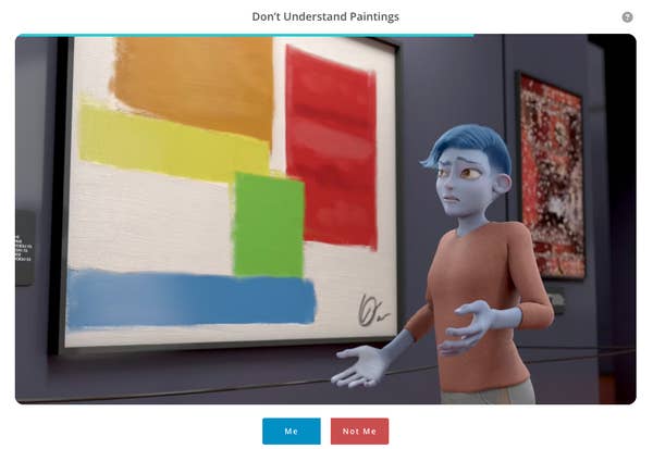 Animated character puzzled by abstract painting in a gallery