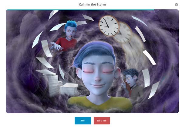 Animated characters amidst a storm, one meditating calmly while paper and a clock swirl around, conveying inner peace amidst chaos