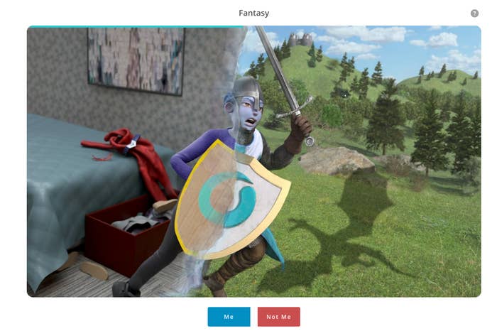 A person transforms into a warrior with a sword and shield, shifting from a bedroom to a fantasy landscape