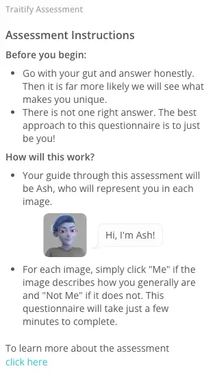 Summary of assessment instructions: Answer honestly to portray your uniqueness. Use Ash as a guide. Click "Me" or "Not Me" for images. Quick process