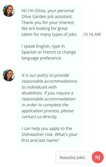 Chat with Olive Garden job assistant Olivia about reasonable accommodations and applying for a Dishwasher role