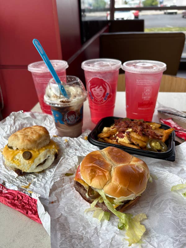 Wendy's new spring menu items on a table at a Wendy's restaurant