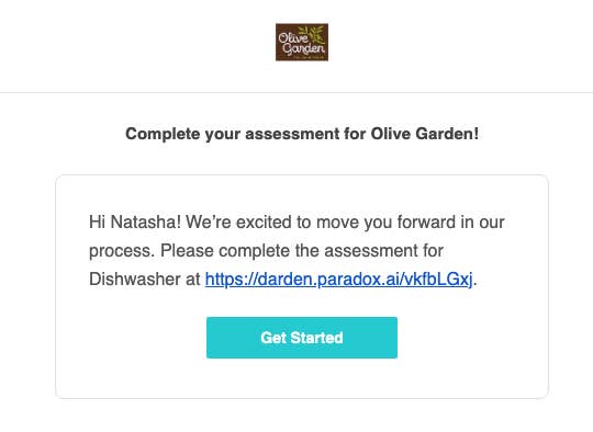 Olive Garden email asks Natasha to complete a dishwasher assessment. Includes a link and "Get Started" button
