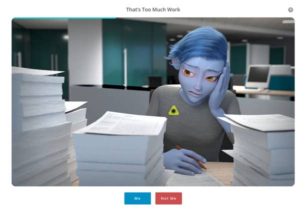 Animated character with blue hair looking tired, surrounded by stacks of papers at a desk in an office setting
