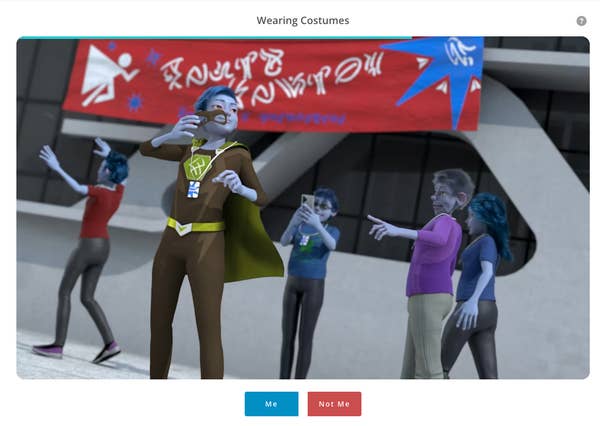 People in blue face paint wear superhero costumes and mime walking against wind, standing before a building with a banner