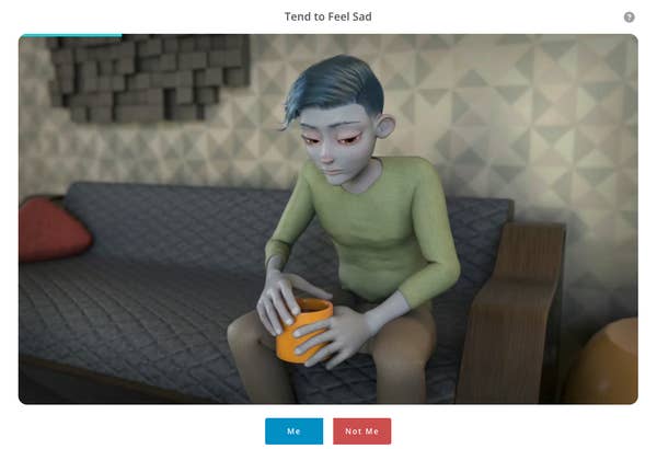 Animated character sitting on a sofa, looking down, holding an orange mug. The caption reads "Tend to Feel Sad."