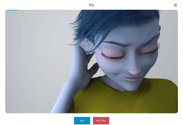 Animated character with short hair and closed eyes, smiling shyly with one hand behind their head