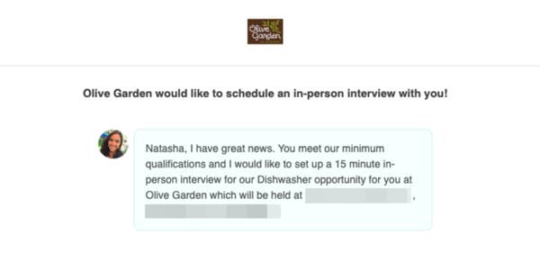 Olive Garden invites Natasha for a 15-minute in-person dishwasher interview in Leesburg, FL